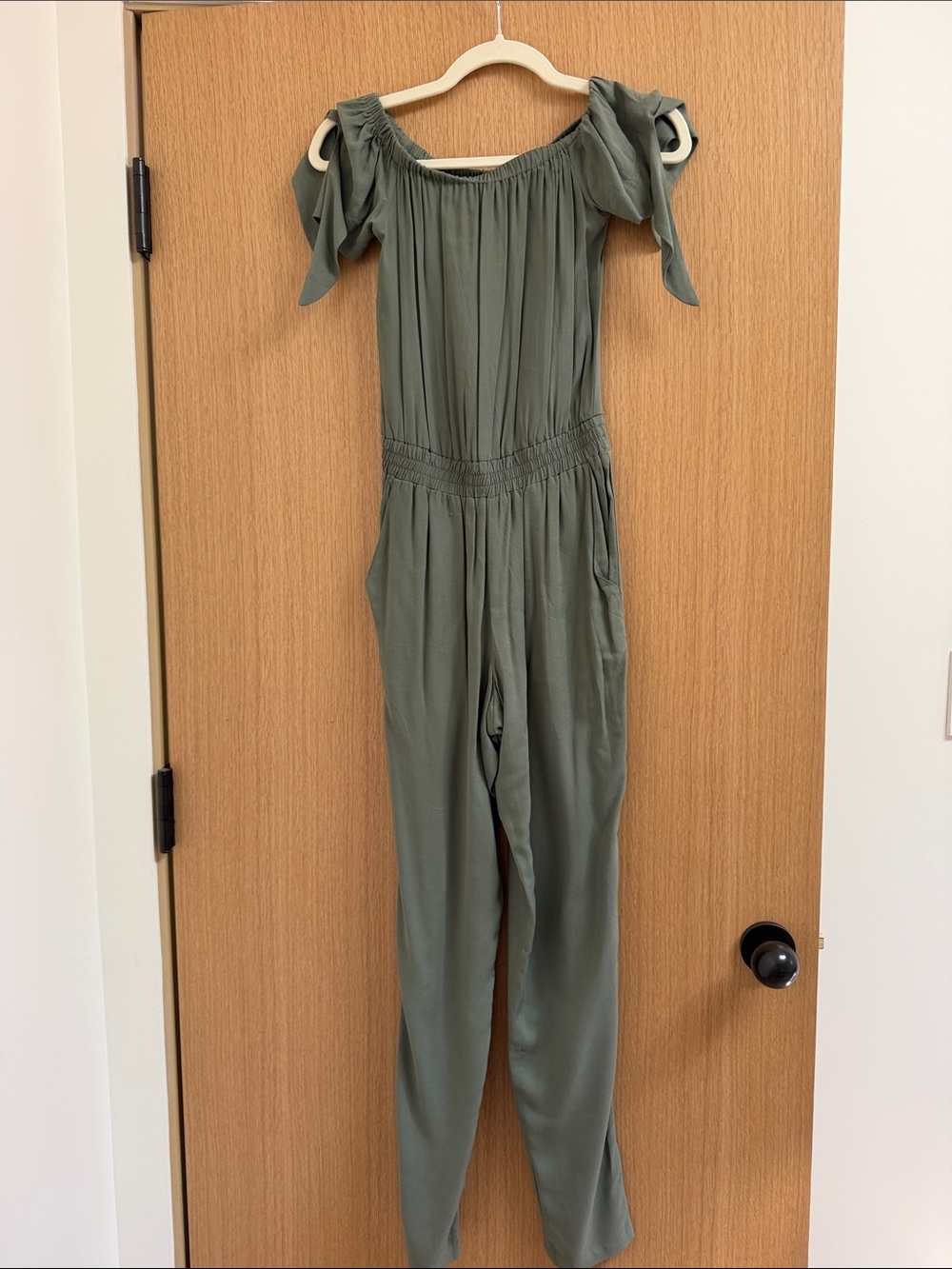 Splendid Olive Off-Shoulder Tie-Strap Jumpsuit